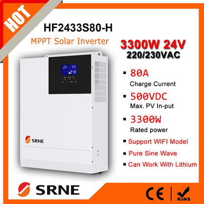 SRNE 3300W Hybrid Solar Inverter 220V MPPT 80A 3300VA Pure Sine Wave Inverter Off-Grid Solar Inverter 24V Battery Charger