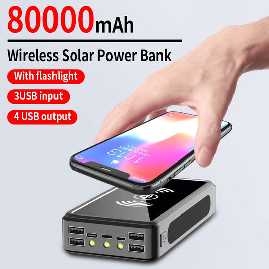 Banco de energía solar 80000mAh Batería externa inalámbrica Banco de energía portátil 4USB Viaje conveniente para iPhone Samsung Huawei Xiaomi