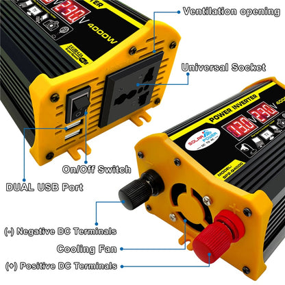 Peak 4000W Power Inverter 12V to 110V 220V for Solar Panel Electronic Car Converter Modified Sine Wave  2 USB Fast Charging