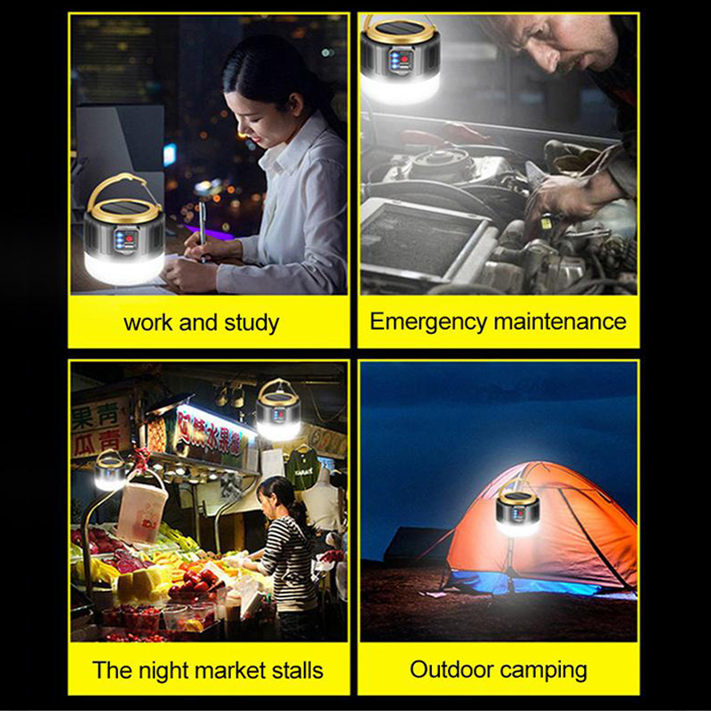 Luz solar de LED para acampamento, à prova d'água, recarregável, para barraca, lanternas portáteis, luzes de emergência, lâmpada de mercado, lâmpada economizadora de energia