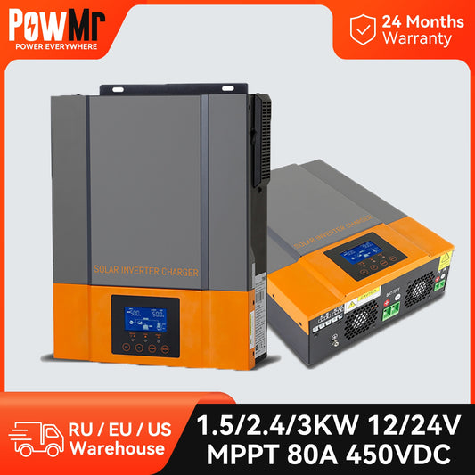 PowMr Hybrid-Solar-Wechselrichter 12 V 24 V 3 kW 2 kW 1,5 kW MPPT 80 A 220 V 230 V Konverter für Batterie Lithium Blei-Säure reine Sinuswelle