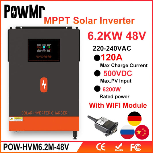 PowMr 6200W Grid Tied Inverter 48V 230VAC MPPT 80A Output com Max Painel Solar 500VDC Input Built-in MPPT Solar Charge Controller