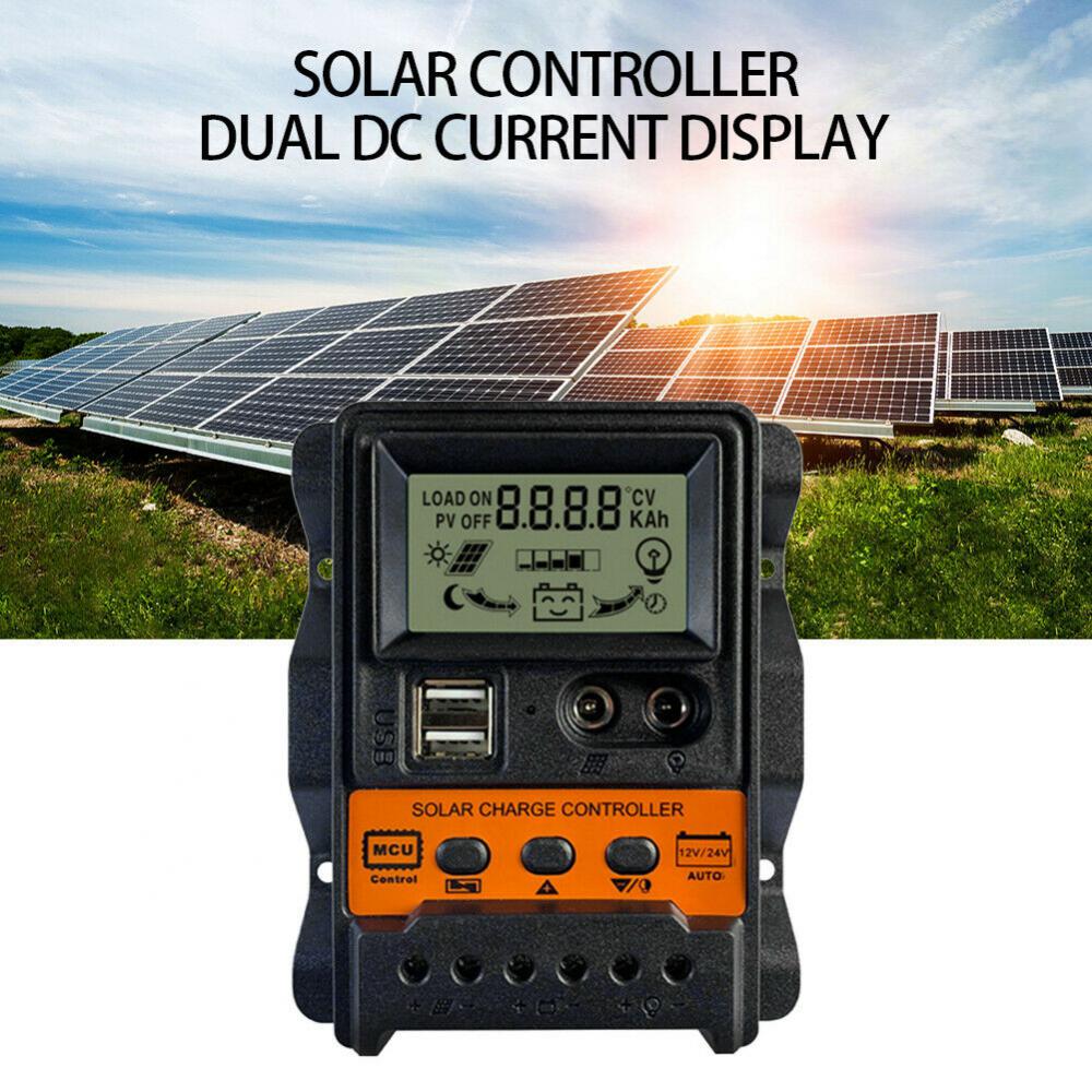 Controlador de carga solar PWM Controlador con pantalla LCD 10A 20A 30A 12V 24V Dual USB 5V Salida Panel solar Cargador Regulador