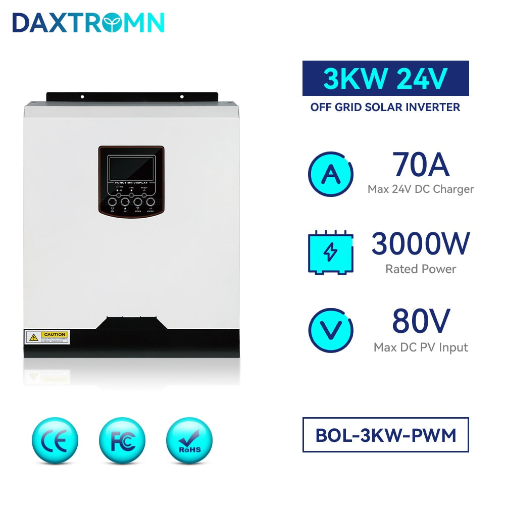 Inversor solar Daxtromn 3000W 24V 220V PV 80VDC Inversor sinusoidal pura 70A Controlador de carga solar PWM 3KW Inversor híbrido fuera de la red