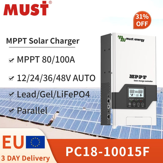 MUST ENERGY 80A 100A MPPT Controlador de carga solar Lifepo4 Carregador 12V 24V 36V 48V Regulador de painel solar Entrada fotovoltaica 145V