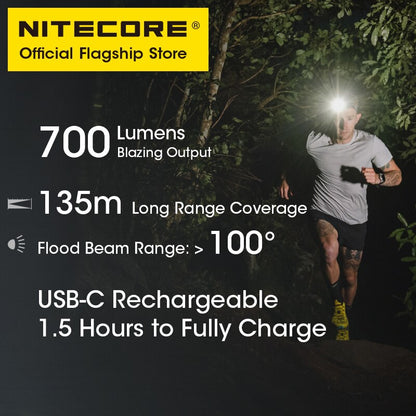 Lanterna frontal recarregável NITECORE NU33 USB-C Saída tripla LED 700 lúmens Bateria embutida de 2000 mAh para acampamento Pesca leve