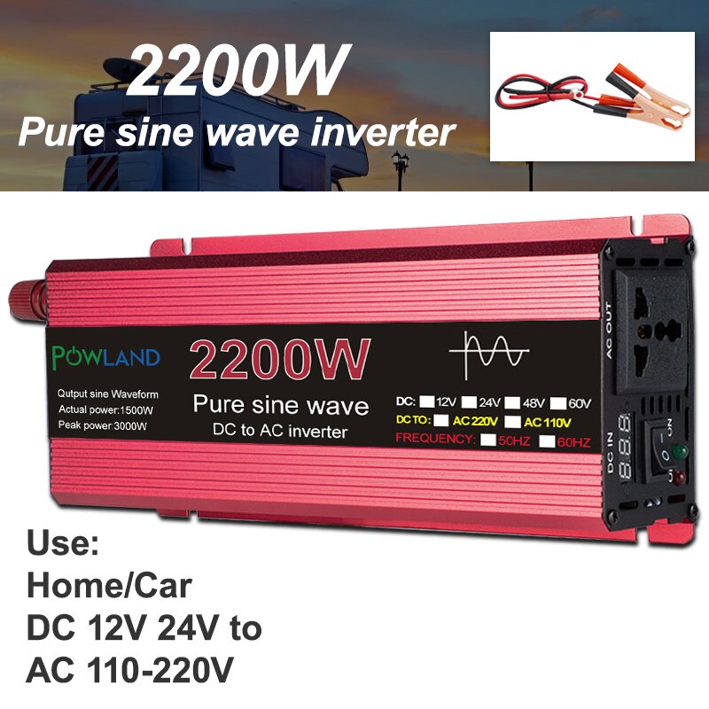 Inversor de onda senoidal pura DC 12V 24V para AC 110V 220V Tensão 1000W 1600W 2200W 3000W Transformador Conversor de energia Solar Car Inverte