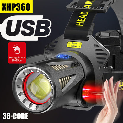 XHP360 36core potente faro de pesca 7800mah luz recargable 3 * XHP70 faro Camping senderismo linternas Led impermeables