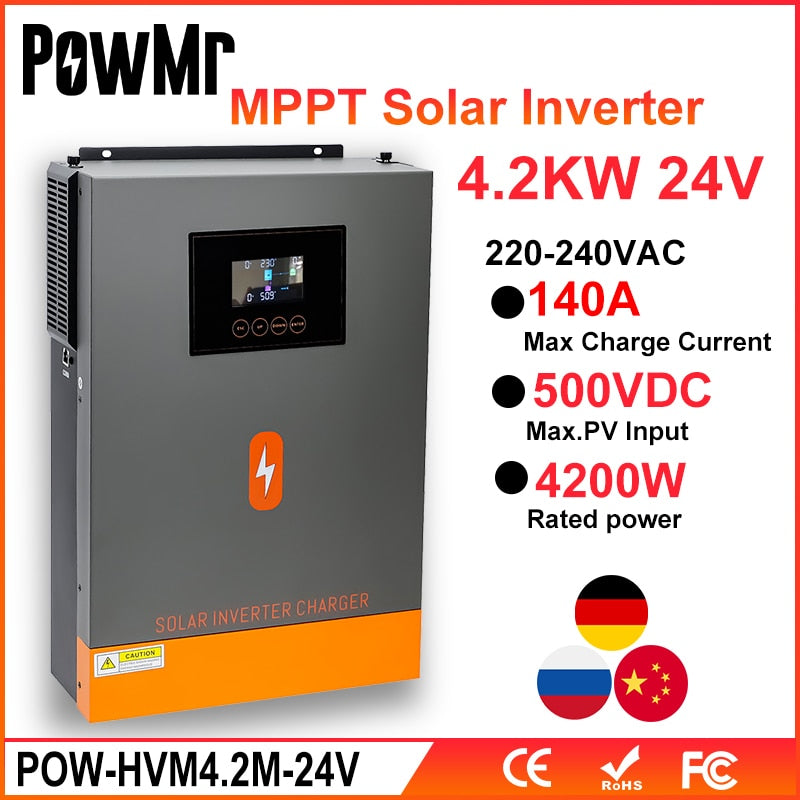 PowMr 6.2KW Inversor conectado a la red y a la red 48V a 230VAC MPPT 120A Salida y panel solar máximo Entrada de 500VDC para batería solar Lifepo4