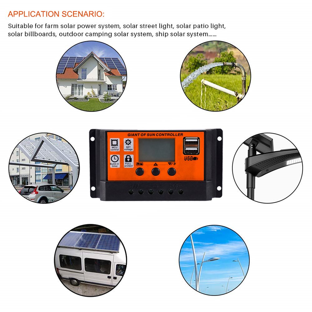 Controlador de carga solar 10A 30A 60A 80A 100A Panel solar para automóvil Pantalla LED Dual USB 5V Equipo regulador de carga