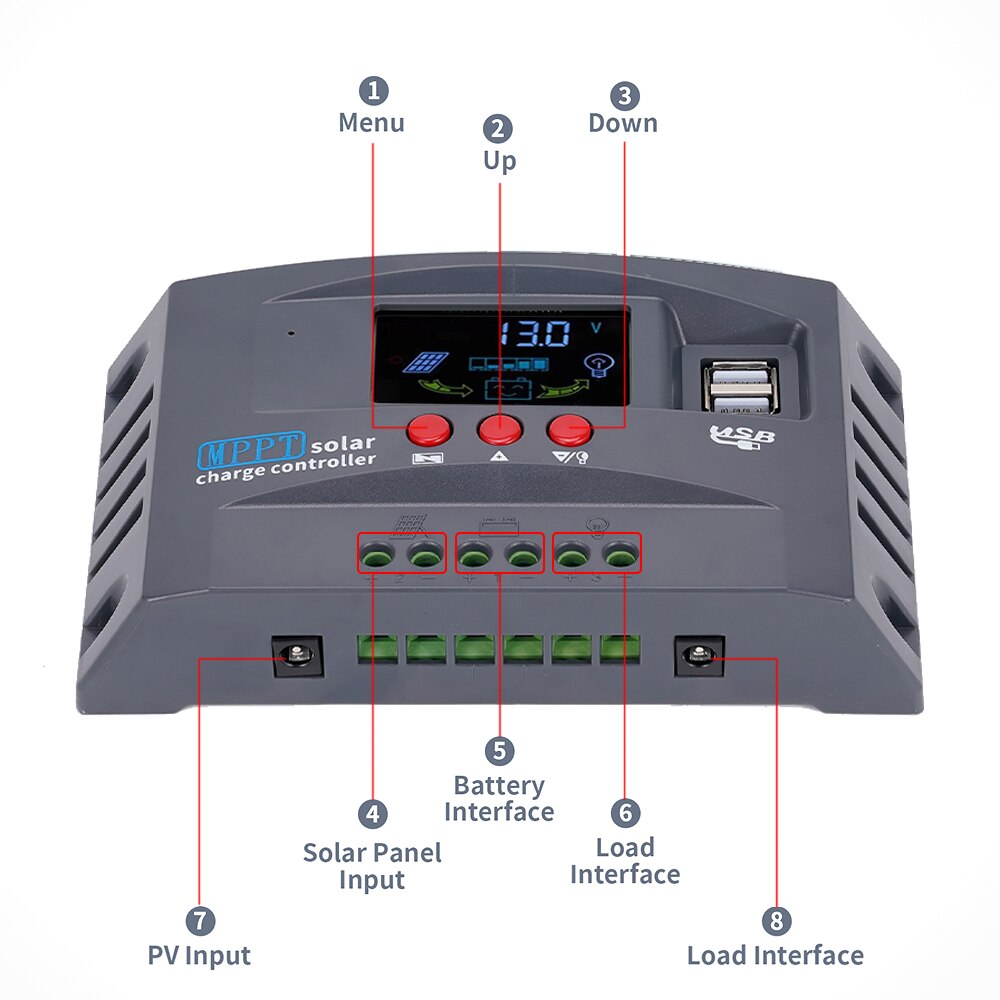 Contrôleur de Charge solaire MPPT régulateur 50VDC écran coloré pour batterie au plomb-acide au Lithium Lifepo4 GEL 10A/20A/30/40/50/60/100A