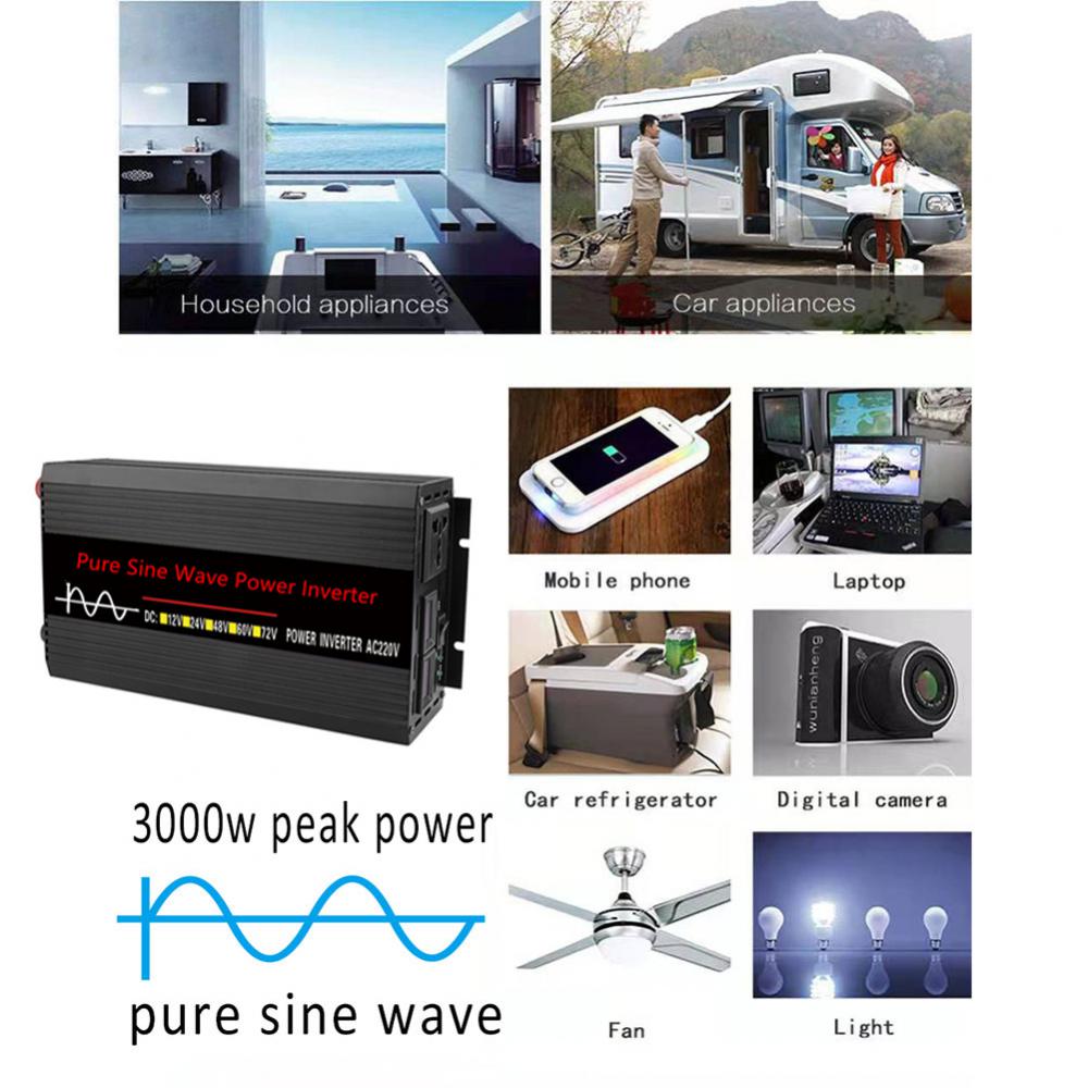 Inversor de onda senoidal pura 3500W 5000W 8000W Potência DC 12V Para AC 220V Tensão 50Hz Conversor Solar Car Inversores Com LED Dis