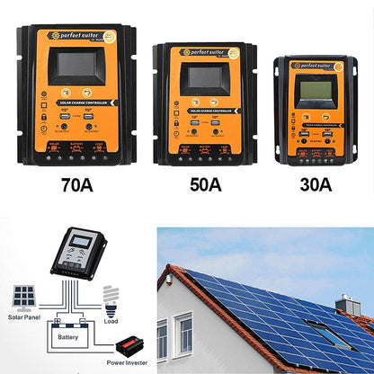 MPPT Solar Charge Controller 12V 24V 30A 50A 70A Photovoltaic Cell Controller Solar Panel Battery Regulator 2 USB 5V LCD Display