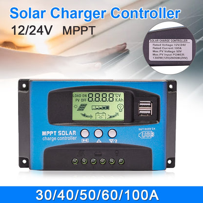 MPPT Solar Laderegler LCD Display Dual USB 12V/24V Auto Solarzelle Panel Ladegerät Regler mit Last 30/40/50/60/100A