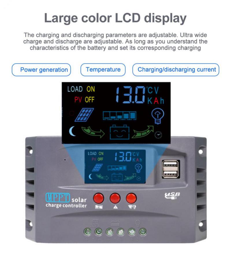 Controlador de carga solar CORUI 10A 20A 30A MPPT Regulador 12V 24V com display LCD Carregamento USB duplo