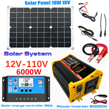 Solar Power Generation System Dual USB 18W Solar Panel 6000W Power Inverter with Smart LCD Display Dual USB Ports Controller Set