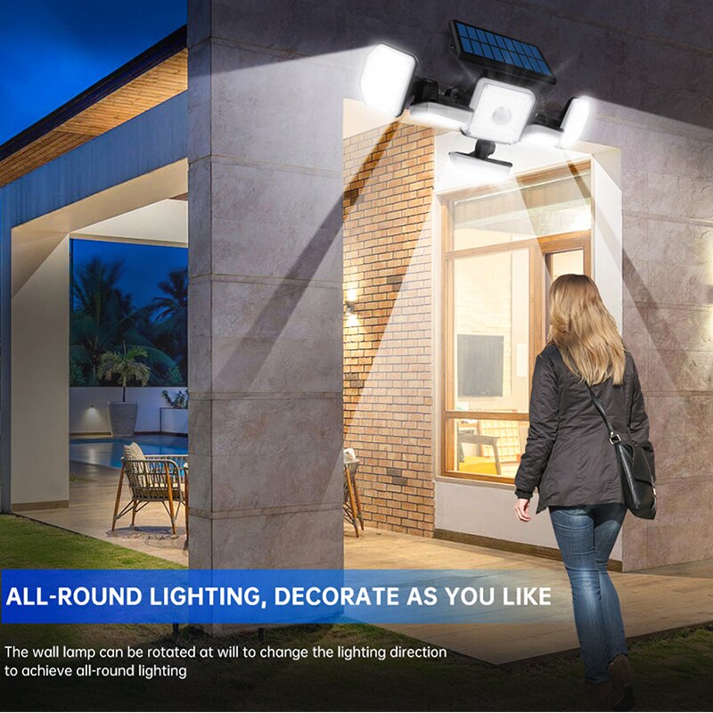 Luzes de inundação com sensor de movimento solar Outdoor 256/214LEDs 6 ou 5 cabeças Iluminação de 360° Luzes de segurança solar IP65 branco/branco quente