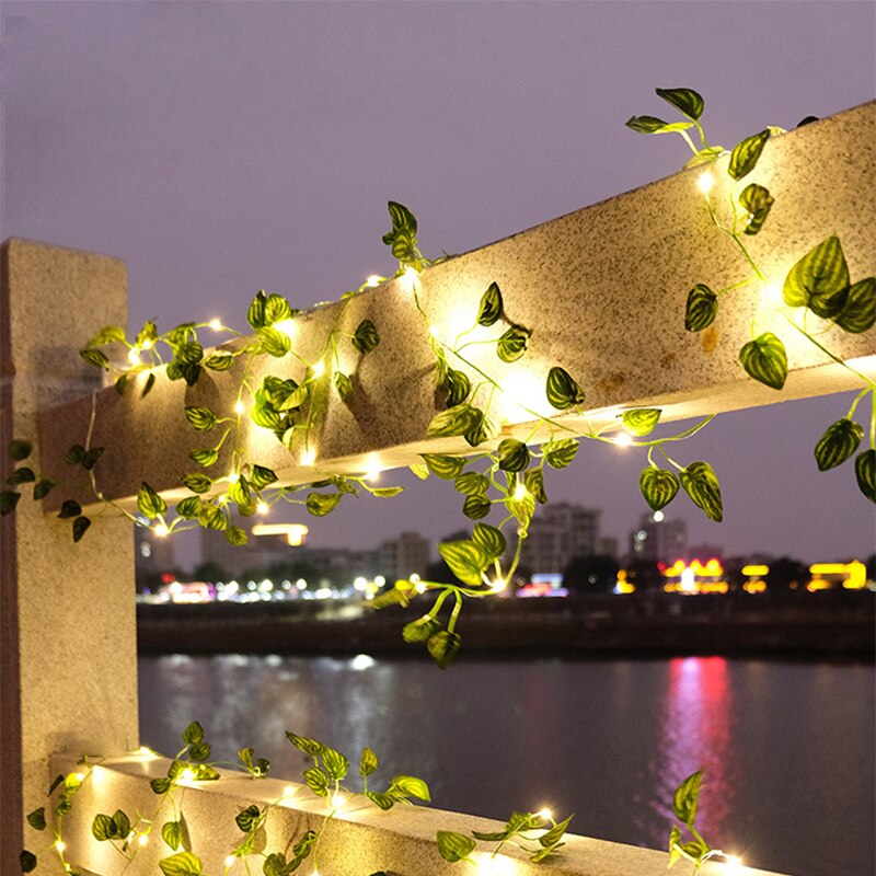 Solargrüne Efeublatt-Girlande mit kupferfarbener LED-Lichterkette, 10 m, 100 LEDs, Lichterkette für den Außenbereich, Blumen-LED-Streifen