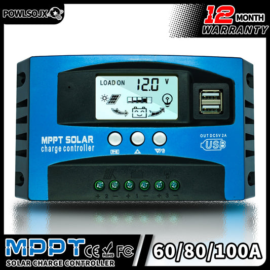 Controlador de carga solar POWLSOJX MPPT 12V 24V 60A 80A 100A Pantalla LCD USB dual Regulador de cargador de panel celular automático con carga