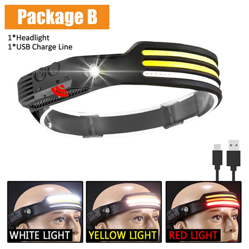CYCLEZONE Sensor-LED-Stirnlampe, USB wiederaufladbar, 10 Beleuchtungsmodi, Stirnlampe, superhell, Angeln, Camping, Induktion, COB-Stirnlampe