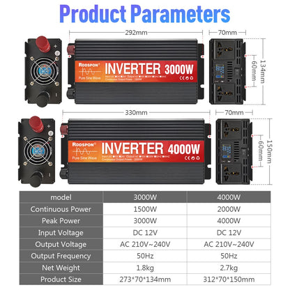 LED 3000W Pure Sine Wave Inverter DC 12V To AC 220V 50Hz Voltage dual outlet Transformer Converter Solar Off Grid Power Inverter