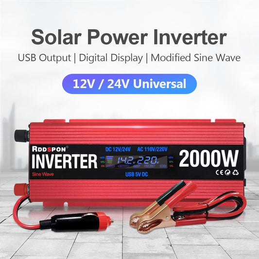 Inversores de energía solar 600W 1000W 2000W Inversor de coche USB de onda sinusoidal modificada DC 12V 24V AC 110V 220V Transformador Convertidor de voltaje