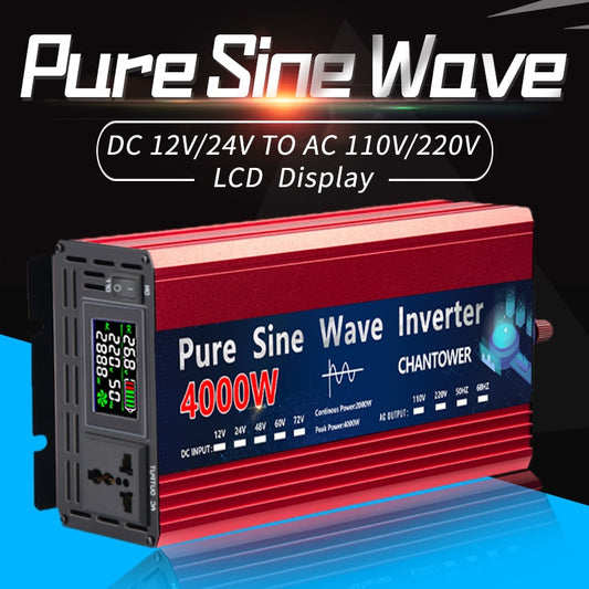 Inversor de onda sinusoidal pura 12V 220V 2000W 3000W 4000W DC 12V a AC 220V Fuente de alimentación Convertidor de cargador de voltaje Inversor solar para automóvil
