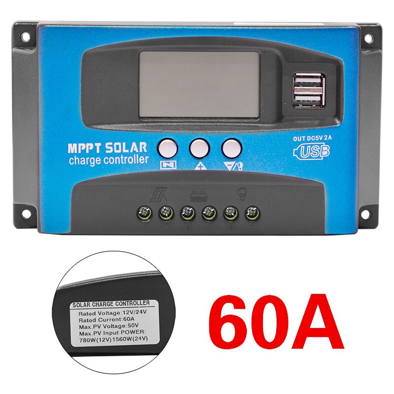 MPPT Solar Charge Controller LCD Display Dual USB 12V/24V Auto Solar Cell Panel Charger Regulator With Load 30/40/50/60/100A