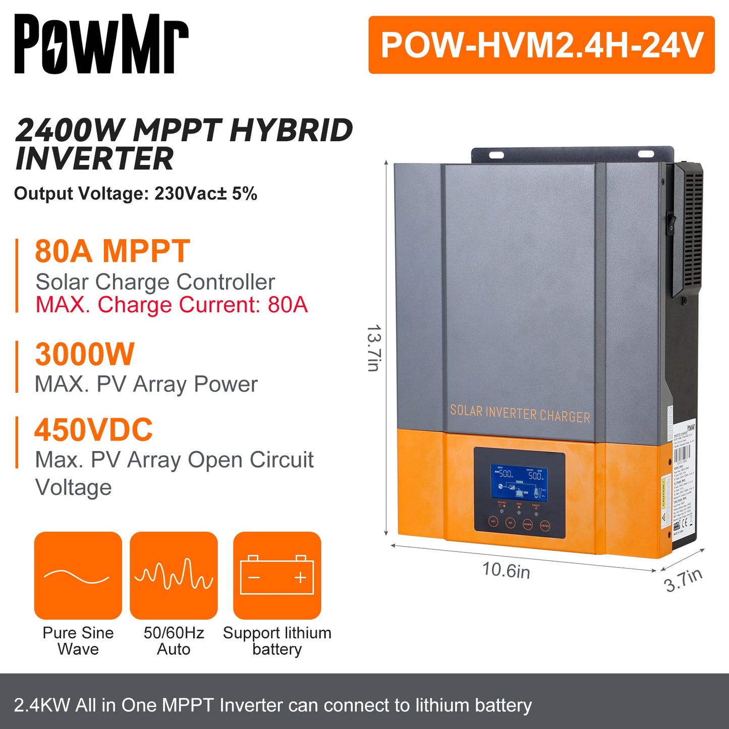 PowMr 3.2KW Inversor solar híbrido 24V a 230V MPPT 80A Salida Inversor híbrido fotovoltaico Controlador de carga solar MPPT incorporado