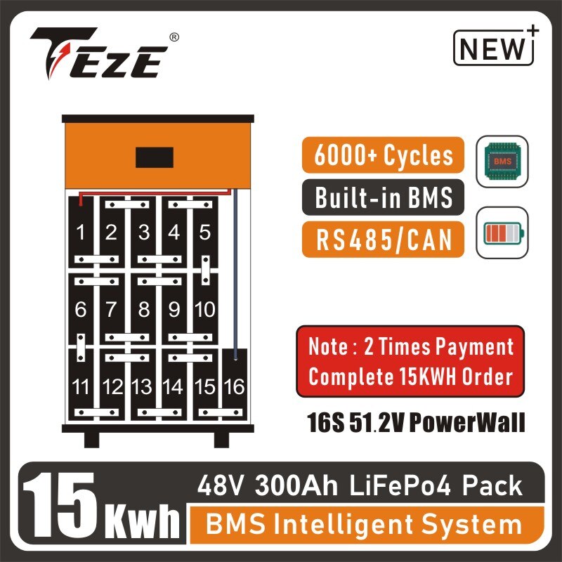 Payer par versement 48V 15KWh 300Ah LifePo4 Batterie PowerWall Home Storage Batteri Système BMS intégré Bateria Alimentation de secours solaire