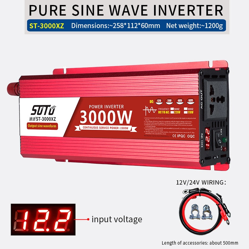 Inversor universal de forma de onda senoidal pura DC 12V24V48V60V a 110V-240V Inversor de tela LCD 1800W/2200W/3000W PowerConverter 50/60HZ