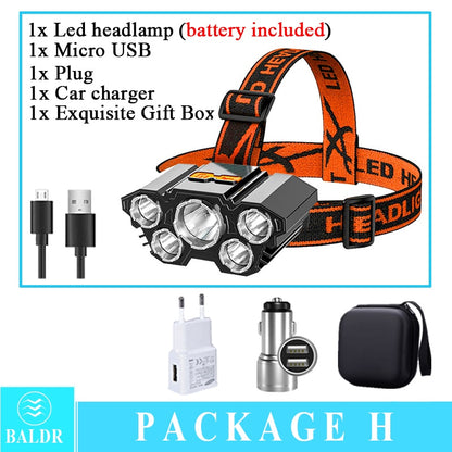 USB Rechargeable Headlamp Portable 5LED Headlight Built in Battery Torch Portable Working Light Fishing Camping Head Light