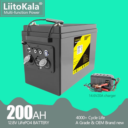 LiitoKala 12V 200Ah LiFePO4 Batterie 12.8V Alimentation pour RV Campers Golf Cart Off-Road Off-grid Solaire Wind, QC3.0 Type-C Sortie USB