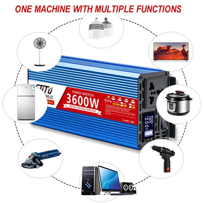 Pure Sine Waveform Universal Inverter DC 12V24V48V60V to 110V-240V LCD Screen Inverter 1800W/2200W/3000W PowerConverter 50/60HZ