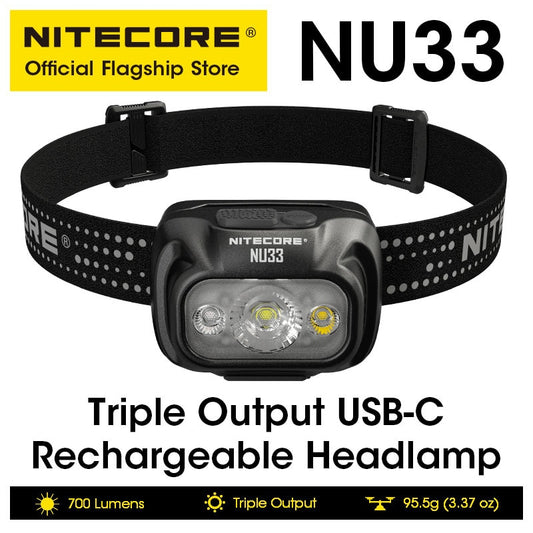Lanterna frontal recarregável NITECORE NU33 USB-C Saída tripla LED 700 lúmens Bateria embutida de 2000 mAh para acampamento Pesca leve