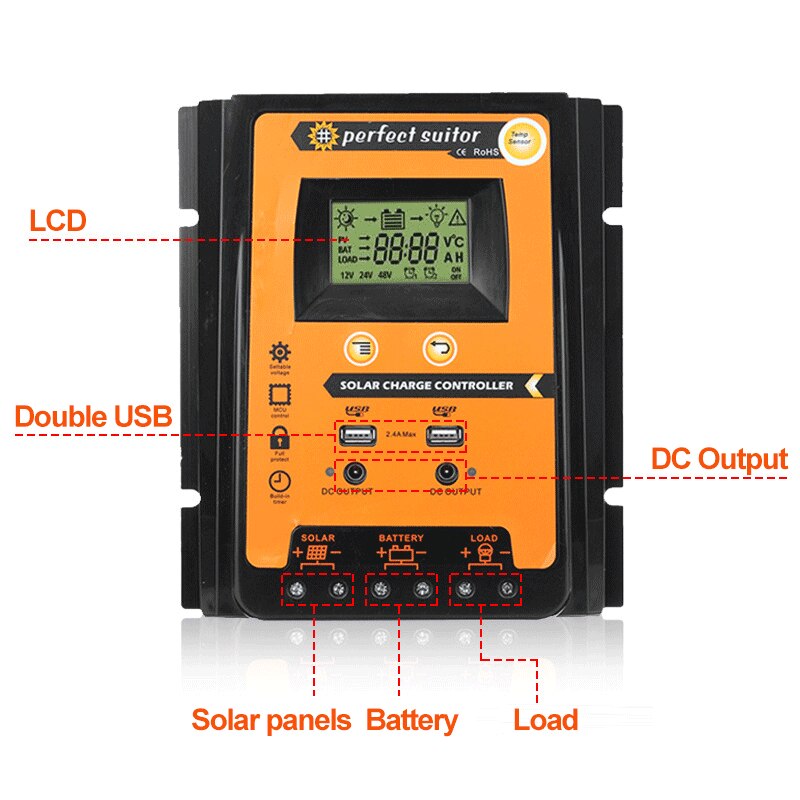 Controlador de carga solar MPPT 12V 24V 30A 50A 70A Controlador de celda fotovoltaica Panel solar Regulador de batería 2 USB 5V Pantalla LCD