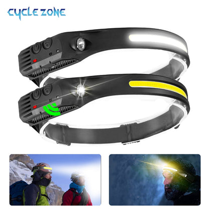 CYCLEZONE Sensor LED Headlamp USB Rechargeable 10 Lighting Modes Head Torch Super Bright Fishing Camping Induction COB Headlamp