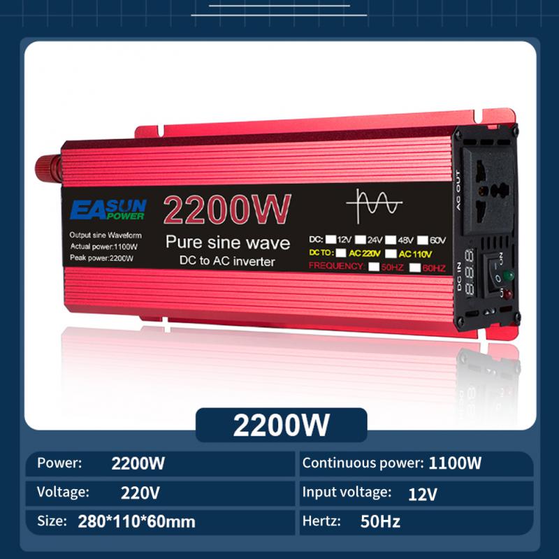 Inversor de onda senoidal pura DC 12V para AC 110V/220V Transformador 1000W 1600W 2200W 3000W Display LED Conversor de energia do inversor solar