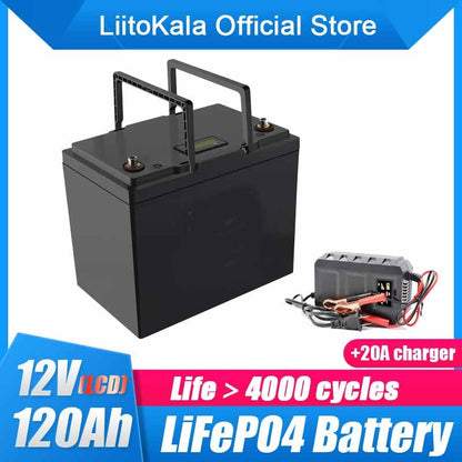 LiitoKala 12 v 120ah capacidade lifepo4 12.8 v bateria solar rv ferro de lítio recarregável com bms para acampamento ao ar livre