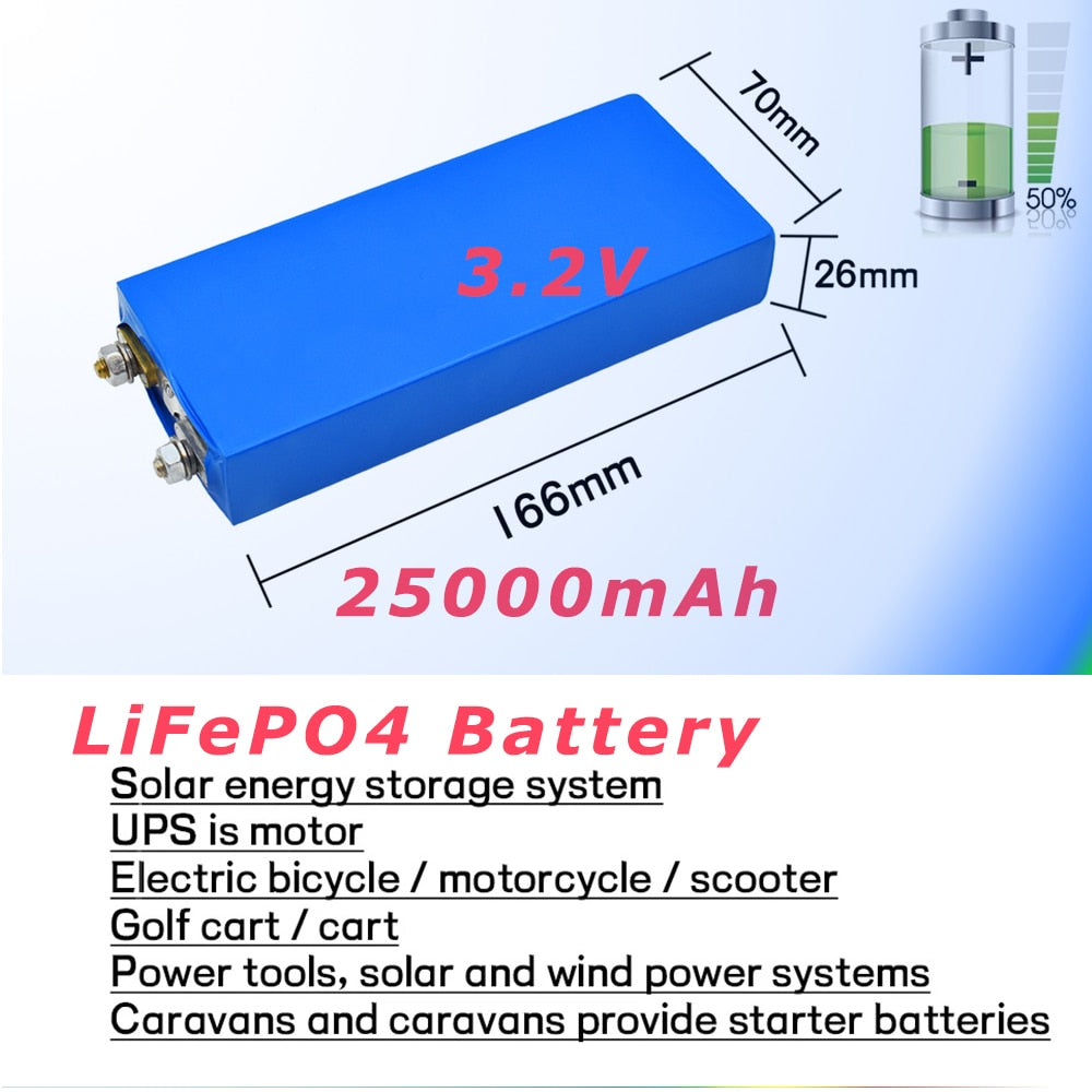 Nueva celda de batería LiFePO4 de 3,2 V, 25Ah, ciclos profundos de fosfato de hierro y litio para Diy, batería de energía UPS de energía Solar de 12V, 24V, 36V y 48V