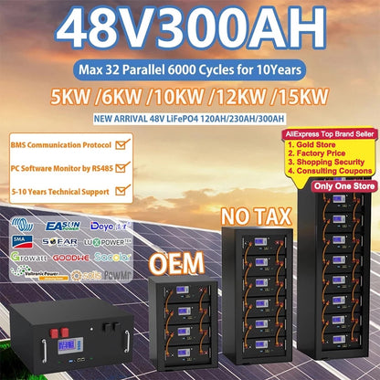 LiFePO4 48V 300Ah 200Ah 100Ah Battery Pack - 15Kw 6000 Cycle 16S BMS 51.2V RS485/CAN PC Control Off/On Grid Solar Storage Battery