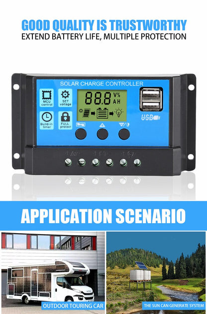 PWM Solar Controller 12/24V 10A-60A Battery Charger LCD Dual USB 5V Output Maximum Working Voltage 50V