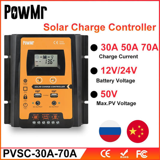 PowMr Mppt + PWM Controlador de carga solar 12V 24V 30A 50A 70A Controlador solar Panel solar Regulador de batería Pantalla LCD USB dual