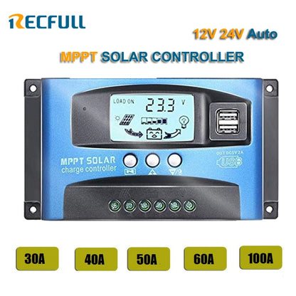 Controlador solar MPPT 30A 40A 50A 60A 100A Visor LCD USB duplo 12V 24V Regulador de carregador de painel de célula solar automática com carga