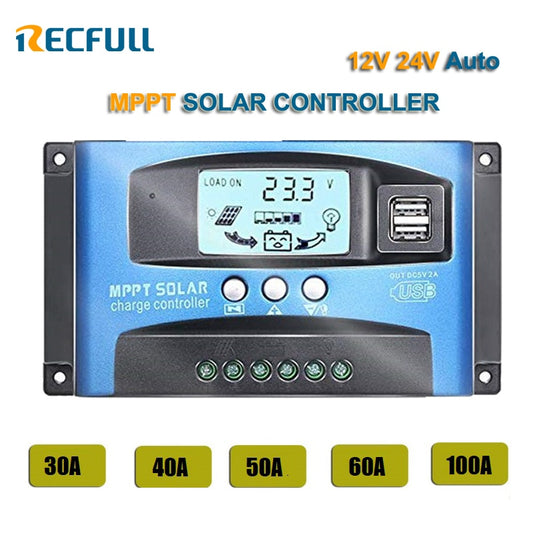 Contrôleur solaire MPPT 30A 40A 50A 60A 100A double écran LCD USB 12V 24V régulateur de chargeur de panneau de cellules solaires automatique avec charge