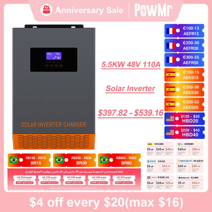 PowMr Hybrid Solar Inverter MPPT 5.5KW&amp;3.5KW 48V/24V 230VAC Pure Sine Inverter With 110A Battery Charger Work for Solar Panels