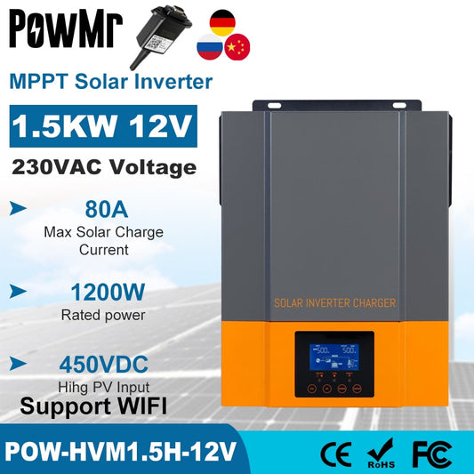 PowMr Hybrid-Solar-Wechselrichter, 1500 W, 12 V, 230 V, PV, max. 450 V, eingebauter 80 A MPPT-Solarregler, reiner Sinuswellen-Wechselrichter, 1,5 kW