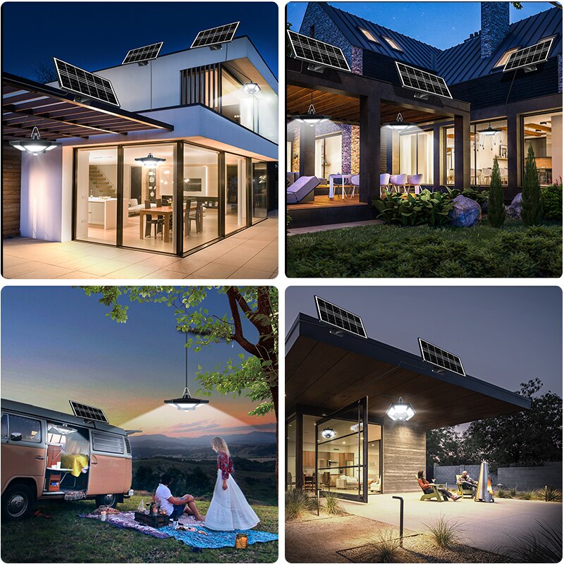 Lampes suspendues solaires extérieures intérieures avec télécommande 180LED capteur de mouvement de lumière de hangar solaire 5 modes d'éclairage pour garage patio grange