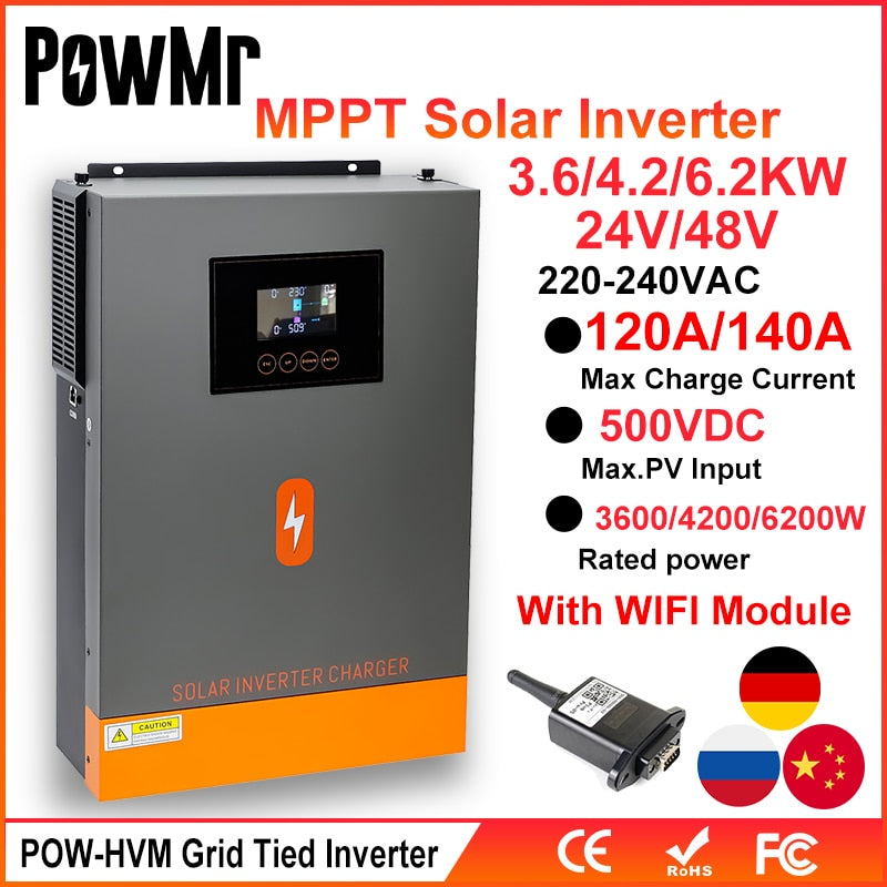 PowMr 6.2KW Inversor conectado a la red y a la red 48V a 230VAC MPPT 120A Salida y panel solar máximo Entrada de 500VDC para batería solar Lifepo4