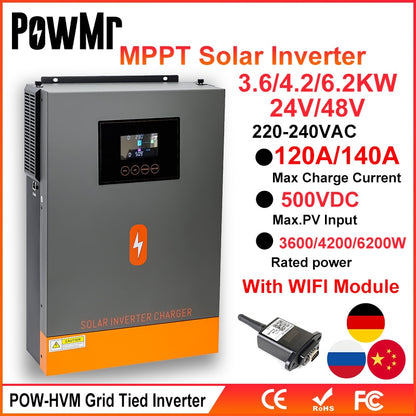 PowMr 6.2KW On-grid&Grid Tied Inverter da 48V a 230VAC MPPT 120A Output e Max Pannello Solare 500VDC Input per Lifepo4 Solar Battery